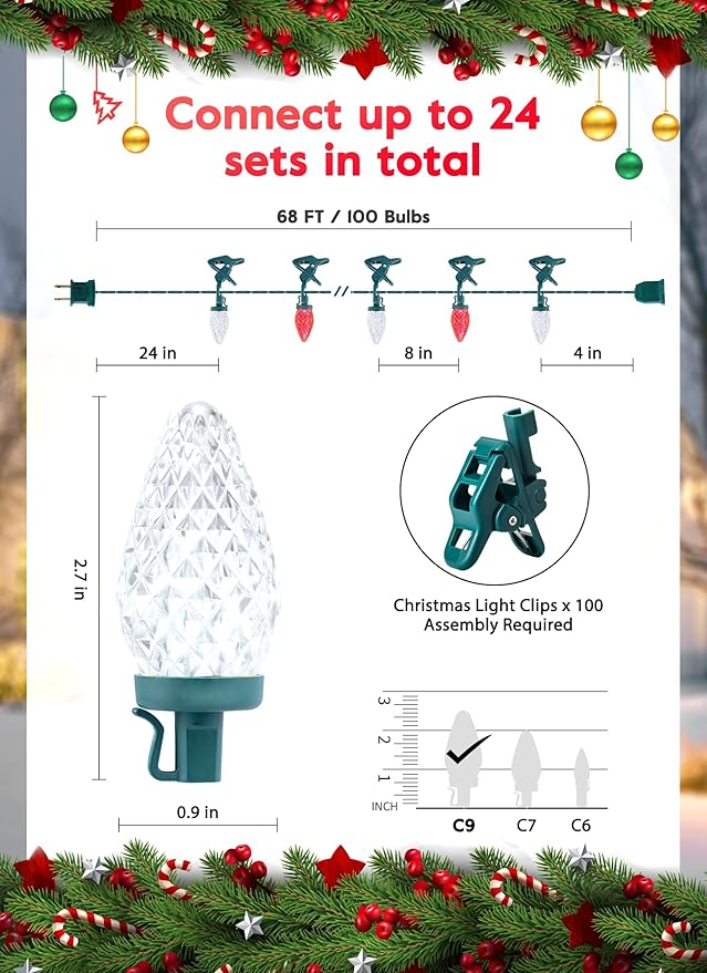 C9 LED Christmas Lights Outdoor, 68 Feet 100 LED C9 String Light with 100 Spring Clips, Waterproof Connectable Christmas Tree Lights for Outside Roofline Patio Home Xmas Decor, Red & Pure White