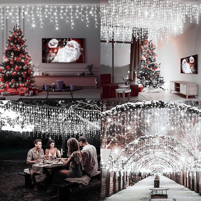 65 FT 640 LED Christmas Lights Outdoor Decorations Clear Wire String Lights Plug in 120 Drops 8 Modes Memory Timer Connectable Curtain Fairy Lights Waterproof for Holiday Wedding Party-Cool White