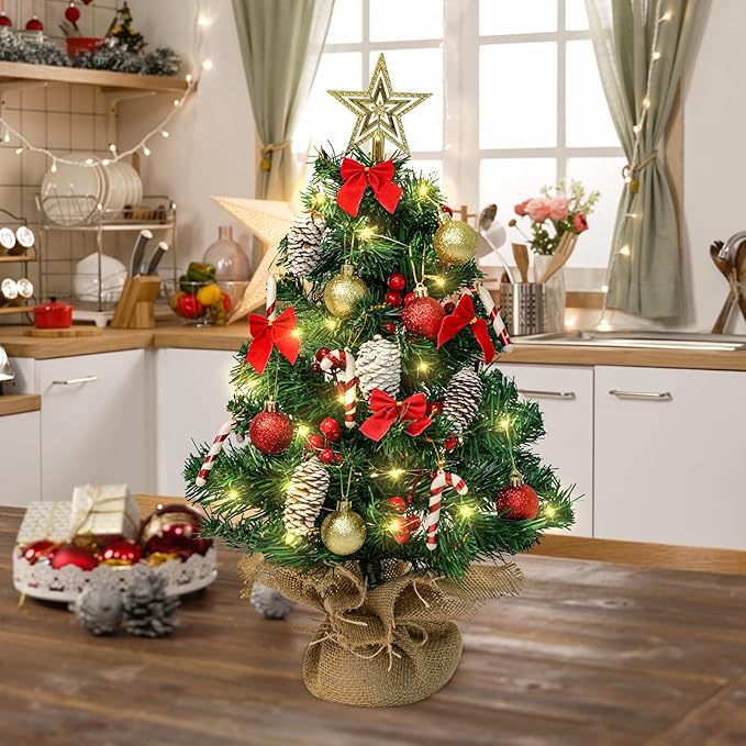 24 Inch Mini Artificial Christmas Tree with LED String Lights, Star Topper and Hanging Ornaments - Tabletop Christmas Tree for Holiday DIY Decorations