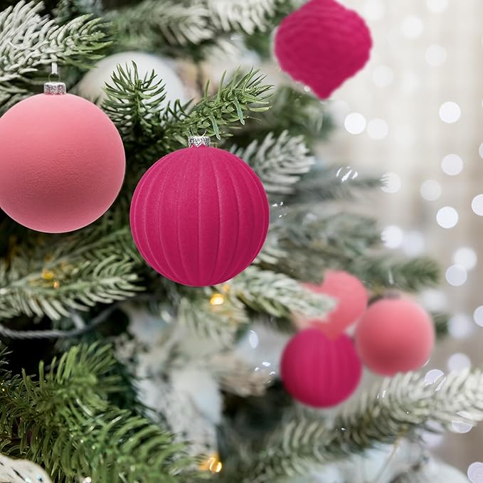 KI Store Velvet Christmas Balls Rose Pink 25pcs Flocked Christmas Tree Ornaments Assortment for Xmas Tree Holiday Decor