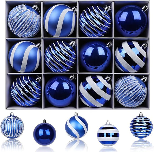 SHareconn 80mm Christmas Balls Ornaments,12PCS Colored Shatterproof Plastic Decorative Hanging Tree Decorations Baubles Set for Xmas Tree Decor Holiday Party Wedding Decoration with Lanyard,Blue&White