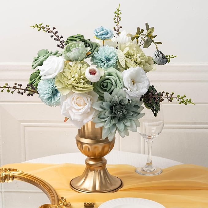 30 Pcs Artificial Flowers Combo Green Flowers Mix Silk Flowers Dahlia Roses with Stems for DIY Wedding Bridal Bouquets, Baby Shower, Floral Arrangement, Table Centerpieces, Home Decorations.