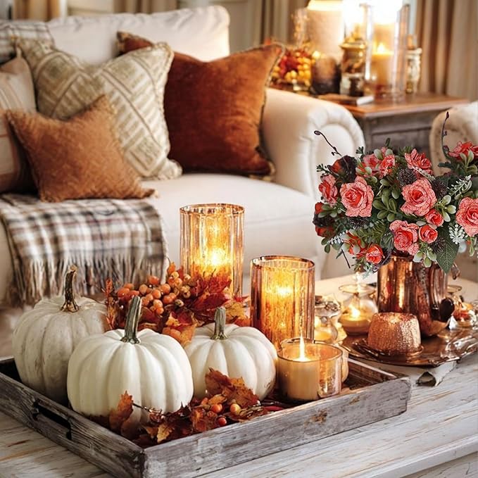 3 Bundles Fall Artificial Flowers Bouquet, Fake Roses Bouquet for Centerpiece Table Wedding Party Home Decor (Orange)