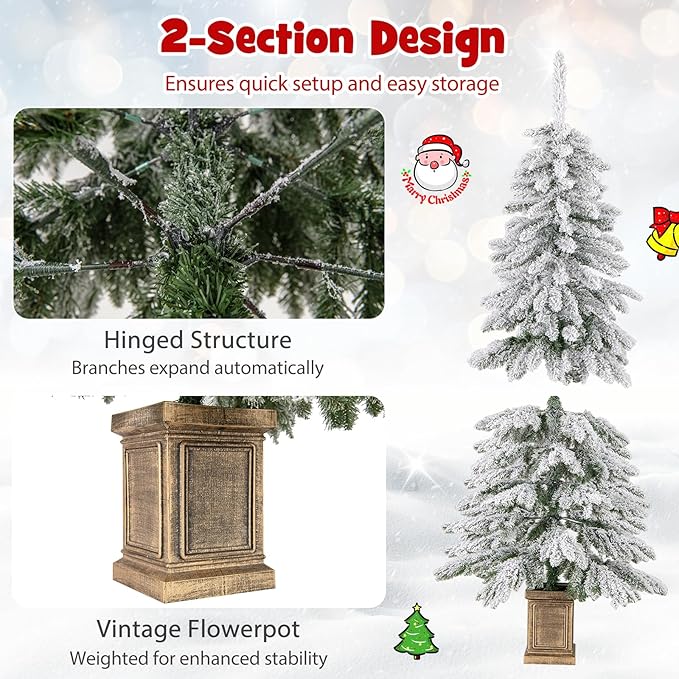 HAPPYGRILL 6 FT Unlit Artificial Christmas Tree Set of 2, Hinged Xmas Tree with 589 Flocked Branch Tips, 48 Xmas Balls, Vintage Cement-Filled Flowerpot & Gloves, Potted Decoration Tree