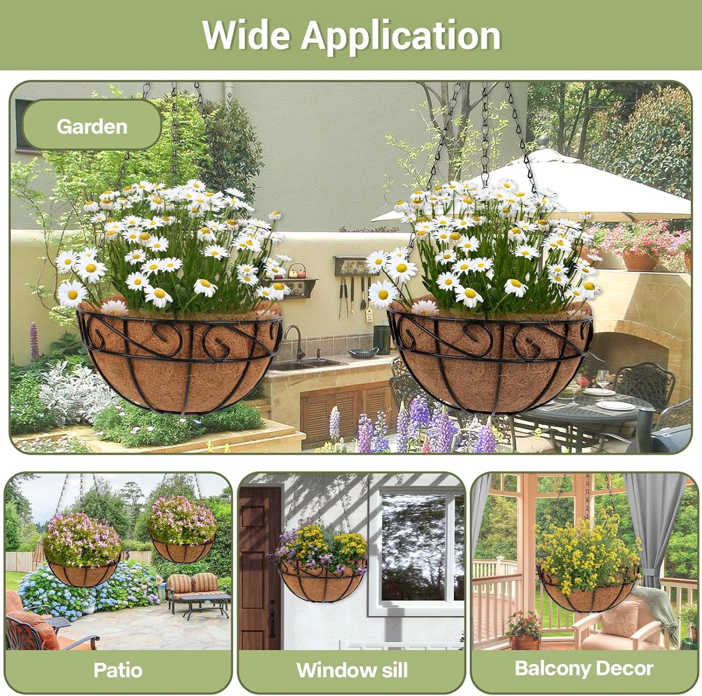 2 Pack 12 inch Metal Hanging Baskets for Plants Outdoor, Hanging Planters Basket with Coco Liners, Hanging Baskets Flower Pots for Garden, Patio, Deck, Porch Plants