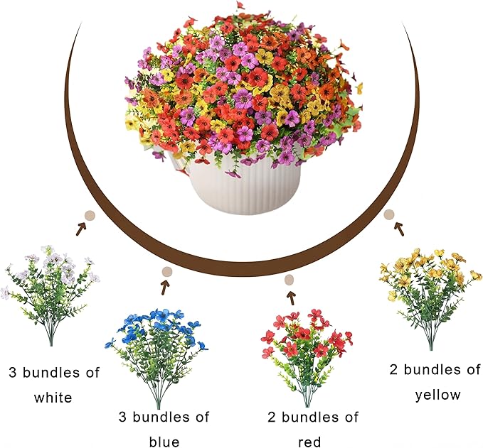 Artificial Flowers for Outdoors - UV Resistant & Fade-Resistant Fake Flowers, 10 Bundles Waterproof Faux Flowers for Garden, Yard, Patio, Wedding & Home Decor 10 Mixed Bundles