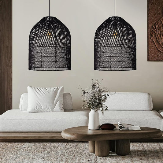 Arturesthome 1 Light Wicker Bell Pendant Lamp, Design Basket Rattan Woven Pendant Light Shades, Handmade Hanging Ceiling Lights Crafts Lampshade Black