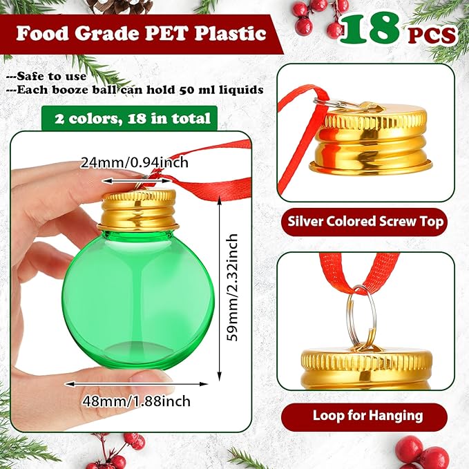 Patelai 18 Pcs Christmas Drink Balls Shot Glass Ornament Plastic Fillable Christmas Tree Ornaments Xmas Water Bottle Bulbs for Holiday Party Indoor Outdoor (Green,Rose with Gold Lid)