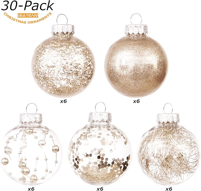 Sea Team 60mm/2.36" Shatterproof Clear Plastic Christmas Tree Ball Ornaments Set, Decorative Hanging Transparent Xmas Baubles with Stuffed Delicate Decorations (30 Counts , Champagne)