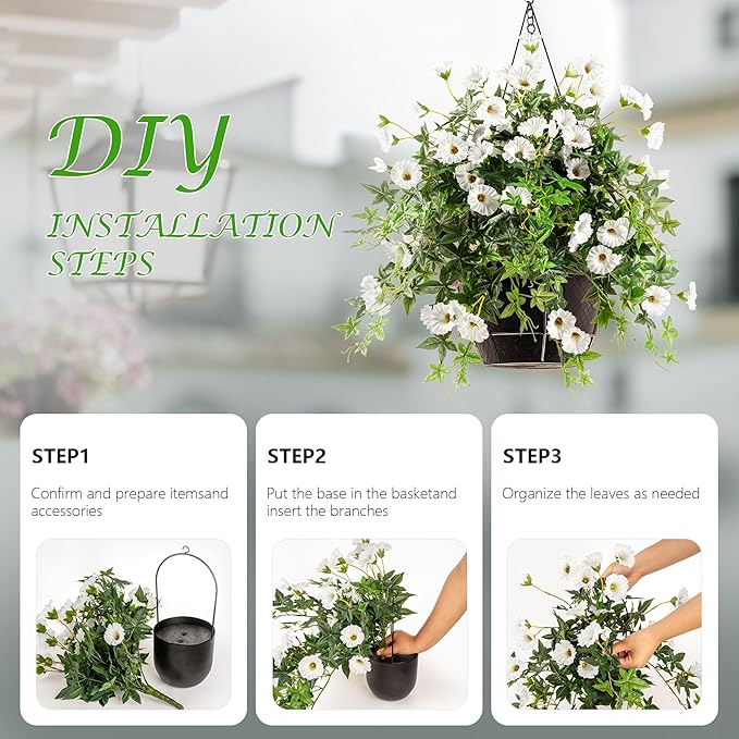 Artificial Flowers Artificial Petunias for Outdoors Artificial Hanging Plants Outdoors Silk Flowers with Stems Outdoor Flowers Uv Resistant for Porch Decor Terrace Decor（White） with Pot 2PCS