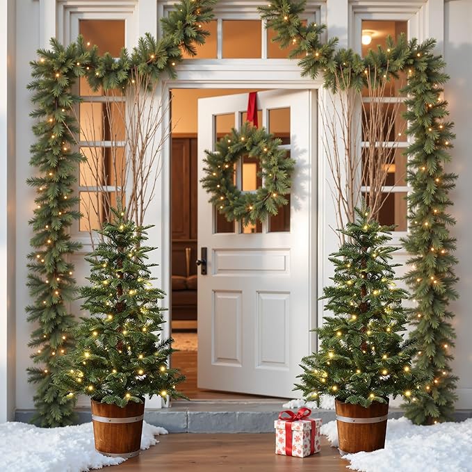 LuxenHome 4FT Small Christmas Tree, Prelit Slim Potted Christmas Trees with 100 Warm White LED Lights, Realistic Fir Tree with Rustic Wood Barrel Planter for Entrance, Hallway Holiday Decorations