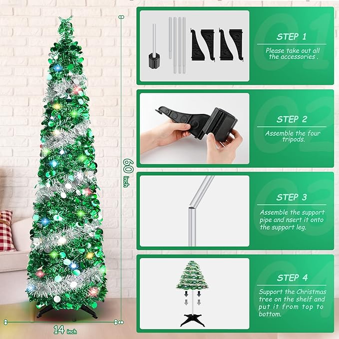 5 FT Christmas Trees with 90 Colorful Lights, Collapsible Artificial Sequin Pop Up Christmas Tree, Tall Skinny Pencil Tinsel Christmas Trees Xmas Tree for Home Apartment Basement Fireplace