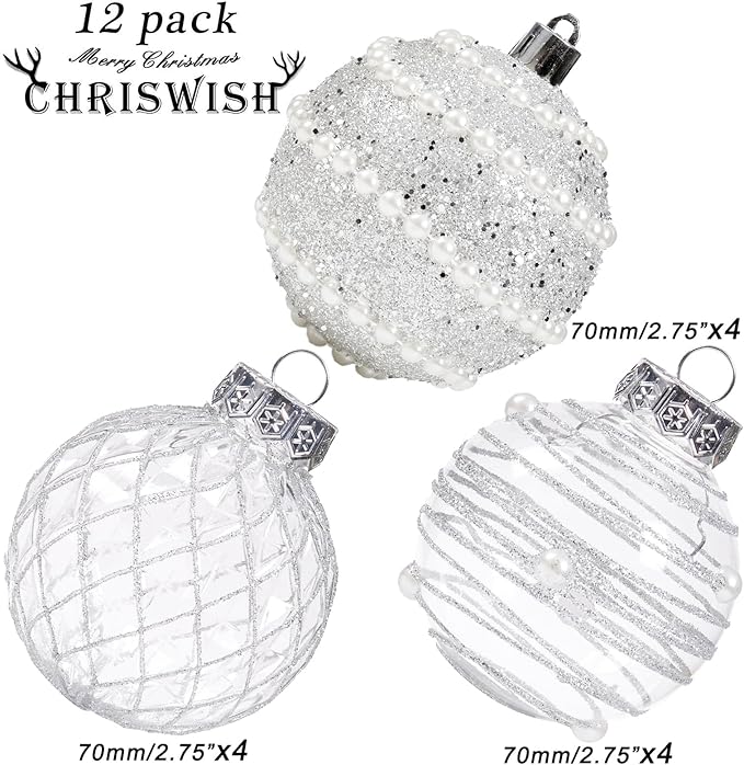 12CT Christmas Ball Ornaments Silver Shatterproof Clear Large Plastic Christmas Tree Decoration, Delicate Hanging Ornaments for Xmas Party, Wedding, Holiday and Home Décor(70mm/2.76")