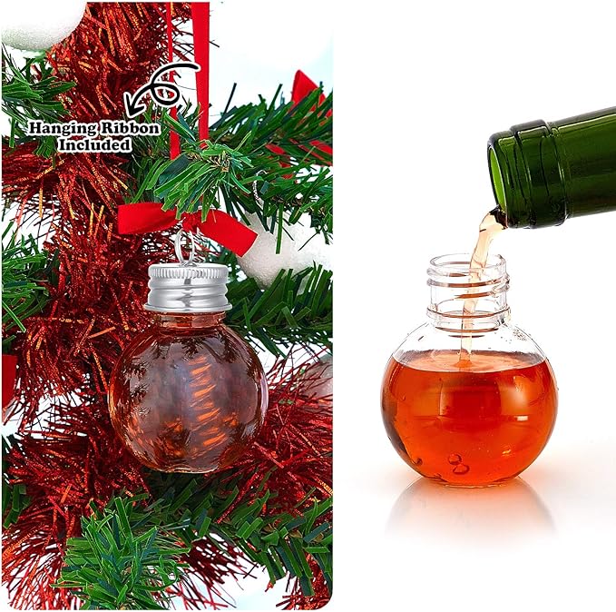Patelai 12 Pcs Christmas Drink Balls Shot Glass Ornament Plastic Fillable Christmas Tree Ornaments Xmas Water Bottle Bulbs for Holiday Party Indoor Outdoor (Silver Lid)