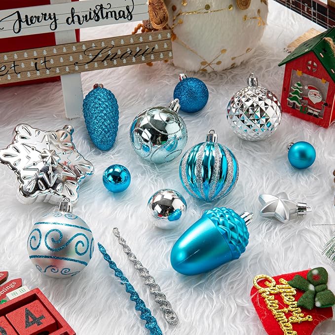 110Pcs Christmas Ball Ornaments Set, Assorted Blue and Silver Christmas Ornaments for Xmas Tree, Shatterproof Plastic Baubles Hanging Decorations for Holiday/Party/Wedding