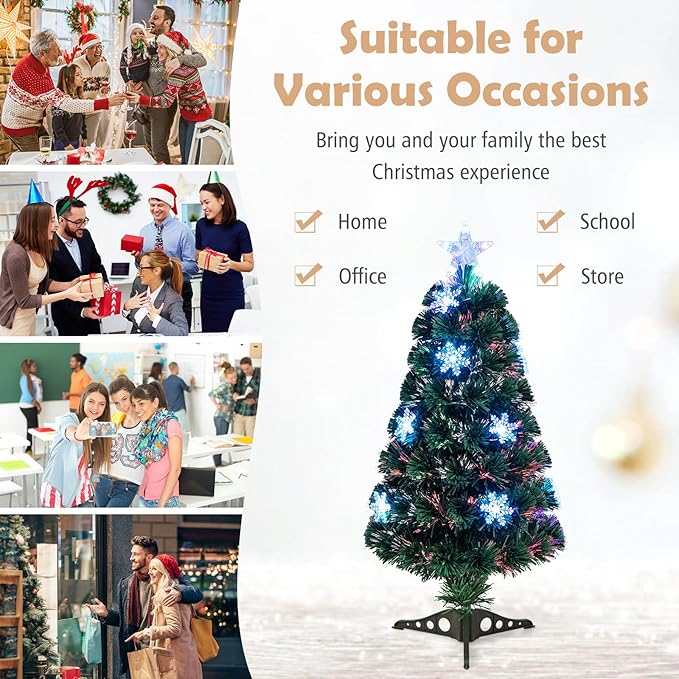Goplus 3ft Pre-Lit Fiber Optic Christmas Tree for Tabletop, Small Mini Artificial Xmas Full Tree with Colorful Snowflake LED Lights, 85 Branch Tips, for Office Home Holiday Decor