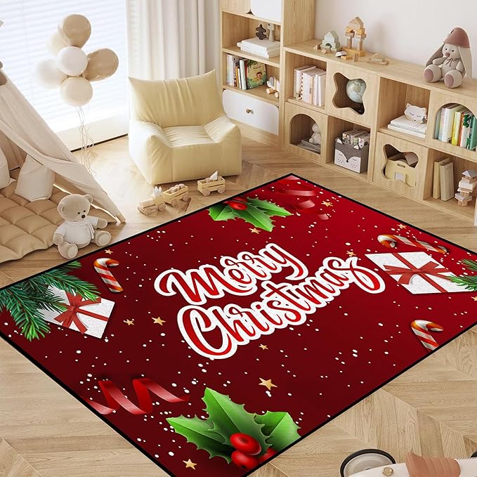 Christmas Rug Xmas Holiday Decorative Christmas Tree and Snowflake Pattern Welcome Mat for Home Decoration Non Slip Outdoor Indoor Entrance Floor Mat,71" X 47"