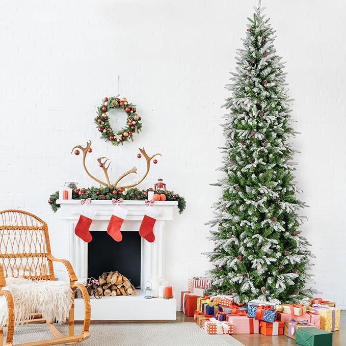 GOFLAME 9 FT Pre-Lit Pencil Christmas Tree Snow Flocked, Slim Artificial Xmas Tree with 1310 Branch Tips, 470 LED Lights, 98 Natural Pine Cones, Hinged Holiday Decoration Tree for Home Office
