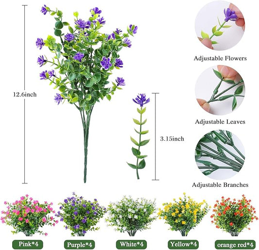 AmyHomie 20 Bundles Artificial Flowers for Outdoor Outside Spring Summer Decoration UV Resistant Faux Flowers No Fade Fake Plastic Plants Garden Porch Window Box Decorating