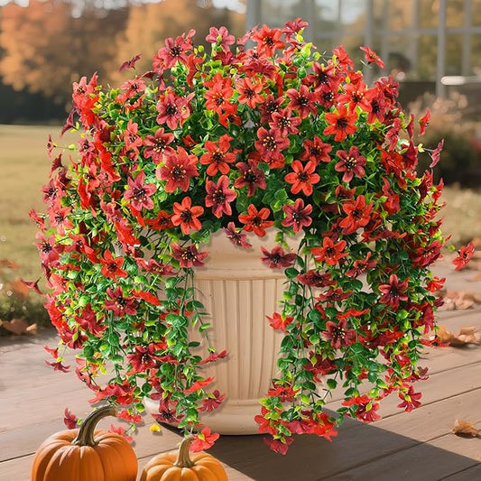 Artificial Hanging Flowers Plants for Outdoor Fall Decoration, 2 PCS Fake Silk Daisy Planter UV Resistant Look Real for Outside Patio Porch Home Autumn Decor (Red Brown)