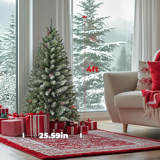 Christmas Tree, 4FT Tabletop Christmas Tree with 100 Colorful Lights & Pine Cones, Small Tree with Cloth Bag Base Prelit Christmas Artificial Decorative for Outdoor Indoor