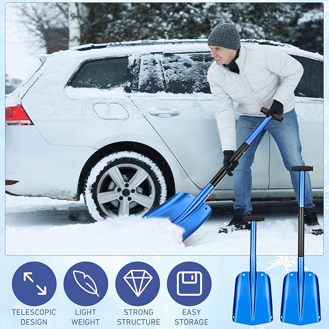 Gisafai 1 Pcs 34'' Detachable Emergency Snow Shovel for Car Aluminum Extendable Collapsible Snow Shovel Emergency Car Cleaning Equipment Suitable for Truck SUV Van Camp Outdoor (Blue)