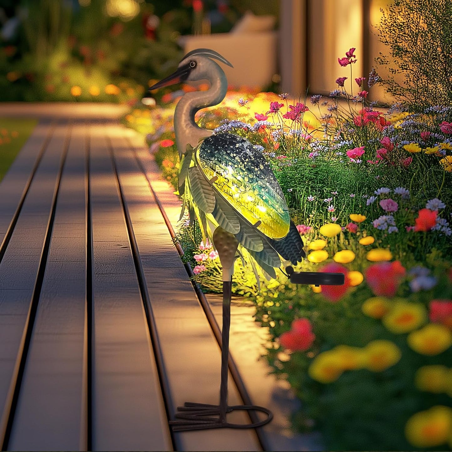 HONGLAND Solar Heron Metal Crane Statue Garden Heron Sculpture, Glass Outdoor Crane Yard Art Coastal Ocean Bird Decor 24 Inch Lawn Ornament for Backyard Porch Patio Decor（Green）