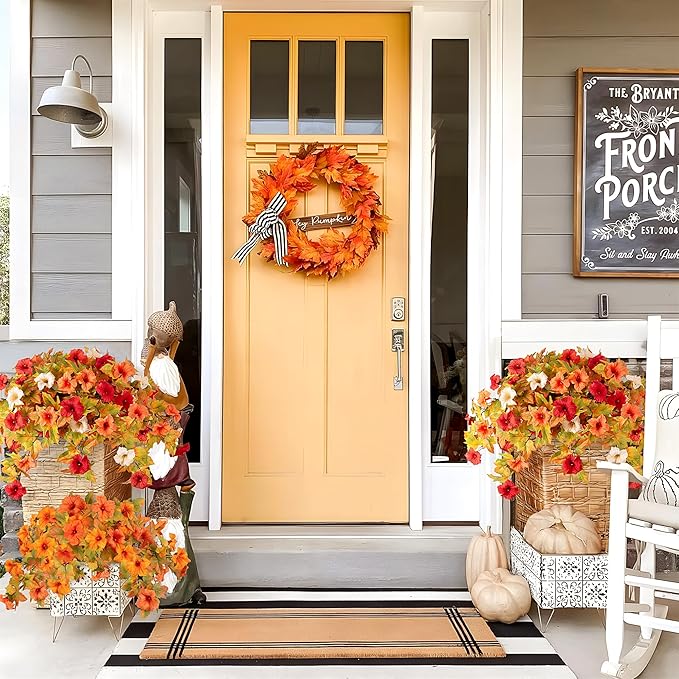 Artificial Fall Flowers Fake Petunias Plants for Outdoor Decoration, 2 Pcs Silk Faux Flowers UV Resistant No Fade Plants for Garden Balcony Yard Porch Realistic Indoor Decor (Orange White)