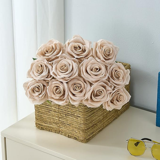 15pcs Fake Roses Artificial Silk Flowers Nude Faux Rose Flower Long Stems Bouquet for Arrangement Wedding Centerpiece Party Home Kitchen Decor (VASE is NOT INVLUDED)