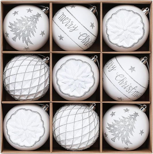 SHareconn 100MM/4 Inch 9PCS Large Christmas Balls Ornaments, Shatterproof Plastic Hanging Big Baubles Set for Xmas Tree Decoration Holiday Party Wedding Decorations with Hook, White and Silver