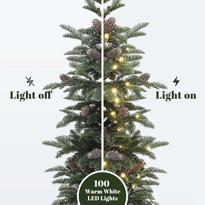 LuxenHome 4FT Small Christmas Tree, Slim Potted Christmas Trees with 100 Warm White LED Lights, Artificial Pine Tree with Pine Cone and White Round Base, Faux Tree for Holiday Decorations