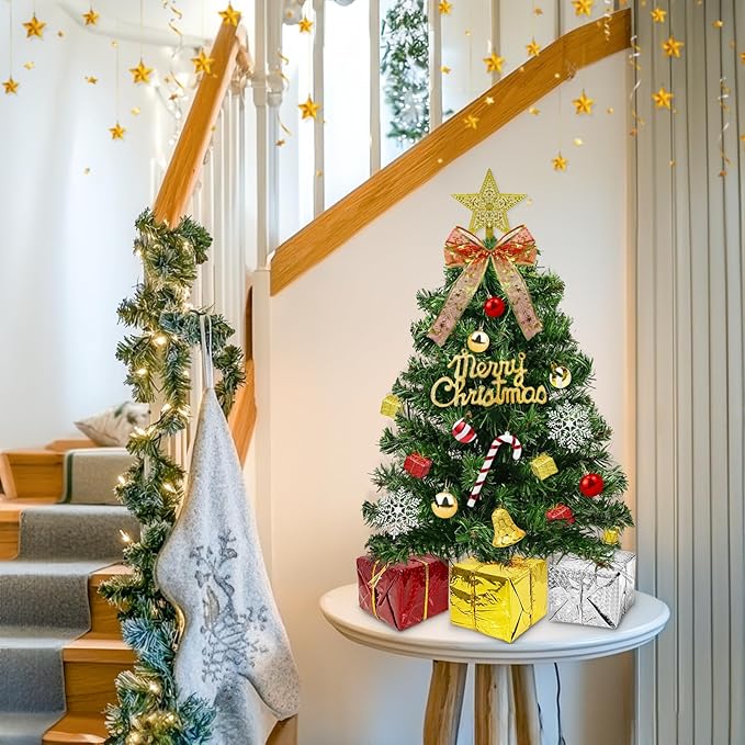 Dual Color Change&Remote Control 24 Inch/2FT Tabletop Christmas Tree with Lights Timer, 20 Warm White&Colored Lights 8 Modes 27 Orantments Star Boxes Mini Small Christmas Tree Xmas Home Party Decor