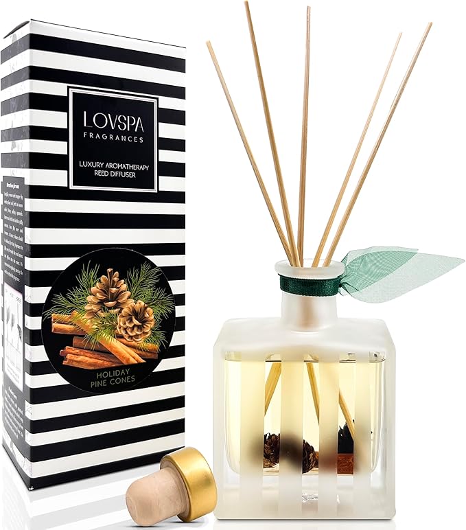 LOVSPA Reed Diffuser Set, Holiday Pine Cones Scented Oil Diffuser with Sticks, Home Fragrance Accessories for Bathroom Shelf Decor, Aroma Diffusers for Home or Office Desk, USA Made
