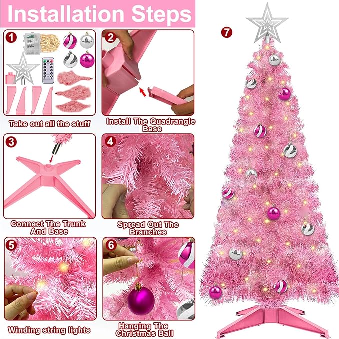 4 Ft Pink Christmas Tree with Timer Remote Control 8 Mode 100 Warm White Light 18 DIY Ball Ornaments 3D Star Battery Operated Small Xmas Tree Table Indoor Holiday Decor