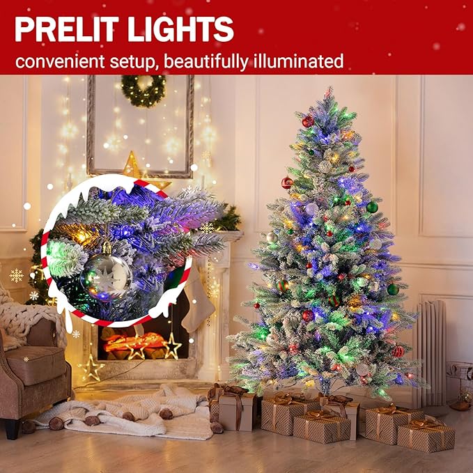 6ft Prelit Green Artificial Christmas Tree with 200 Multi-Color LED, 4 Color 8 Mode, Flocked Hinged Xmas Tree with 1000 Realistic Branche, Easy Assembly for Home Office Holiday Decoration