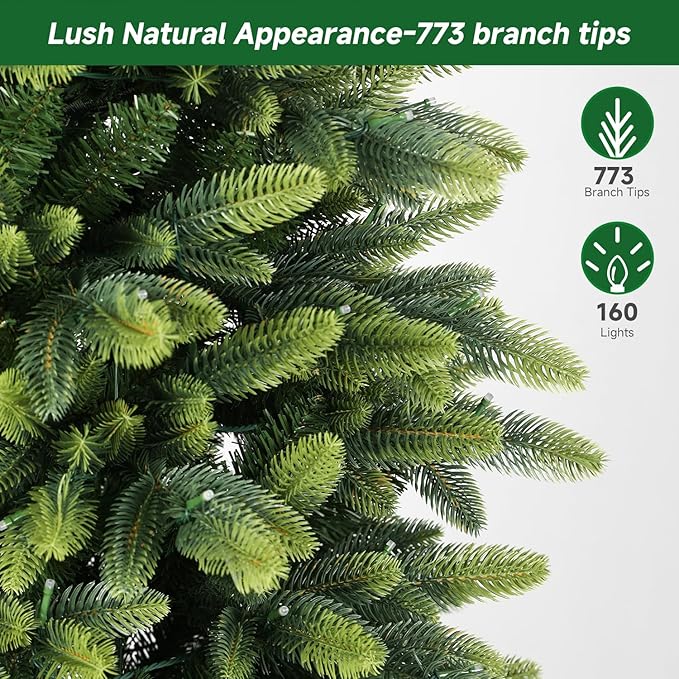 Alupssuc 6.5ft Prelit Artificial Hinged Christmas Tree with Remote Control, 300 Pre-Lit Multi-Color RGB Lights and 1600 PE & PVC Branch Tips, Fake Christmas Tree, 6.5 FT