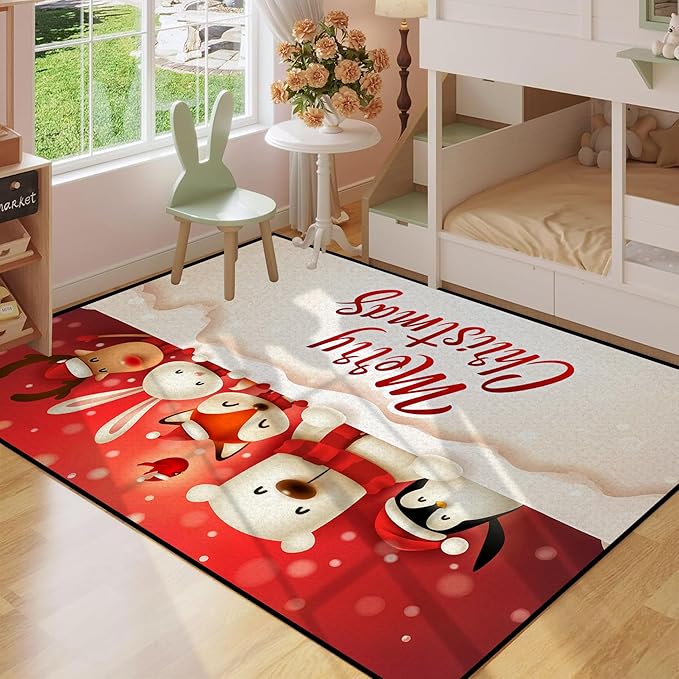 Christmas Rug, Snowman Rug, Xmas New Year Gift Door Mat for Bedroom Living Room Kitchen, Merry Christmas Indoor Floor Mats for Holiday Festive Decoration,71" X 47"