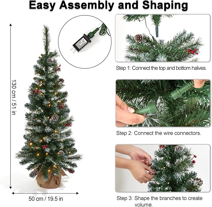 4ft Prelit Christmas Tree, Small Artificial Christmas Tree w/ 70 Warm White Lights, 122 Branch Tips, Easy Assembly, Xmas Decoration for Home, Office, Porch, Entryway, Holiday Party