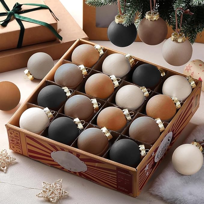 24 Pcs Neutral Matte Christmas Ball Ornaments 2.4 Inch Rustic Boho Brown Black Ivory Terracotta Xmas Bulbs Ornament Vintage Xmas Baubles Modern Christmas Decor for Tree Farmhouse Decor