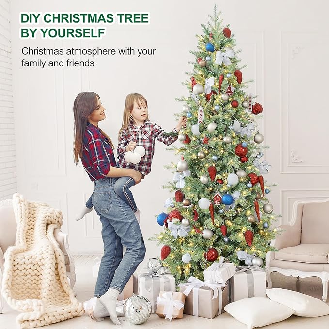 7.5 FT Prelit Artificial Skinny Christmas Tree,Blue Spruce Slim Pencil Xmas Tree with 1755 PE&PVC Mixed Branch Tips,450 UL Listed Clear Lights,Hinged Pine Tree with Metal Stand for Home Office Décor