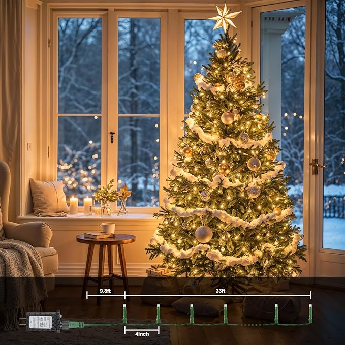 Christmas String Lights 33ft 100 LED 8 Modes with Timer Xmas Tree Light Connectable for Indoor Outdoor Home Party Patio Garden Holiday Warm White