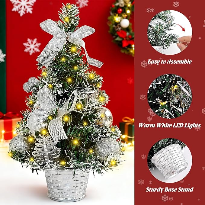 FR 12 Inch Tabletop Christmas Tree,Wintry Pine,Decorated with Pine Cones Berry Clusters,with LED Lights,for Desktop Centrepiece,Mantelpiece,Indoor DIY Christmas Decoration/Silver