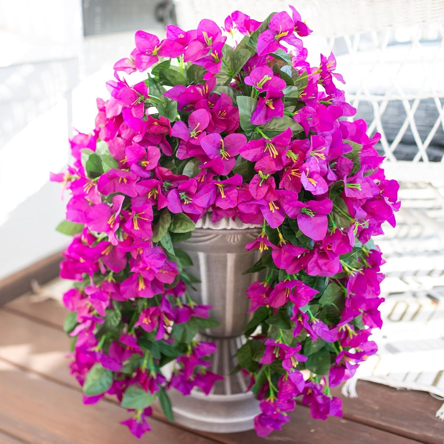 Bougainvillea Artificial Hanging Flowers Plants for Outdoors Decoration, 2pcs Fake Flowers Silk Bougainvillea Vines Realistic UV Resistant Faux Flowers for Outdoor Planters Patio Urn, Purple