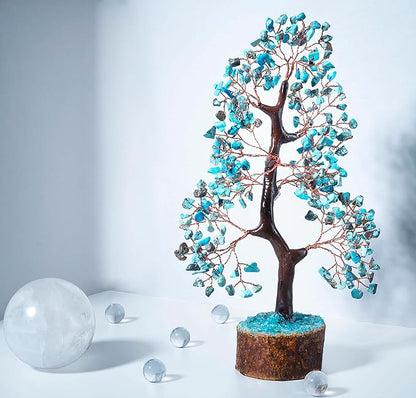 Crocon Turquoise Gemstone Tree Feng Shui Figurine Money Bonsai Good Luck Chakra Balancing Reiki Healing Crystals Decoration Ornament Sculpture Prosperity Table Decor Gift Size 10-12"""