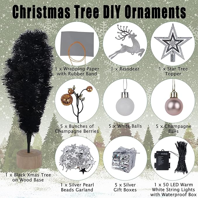 Juegoal Black Mini Christmas Tree, 24 Inch/2 FT Lighted Tabletop Artificial Xmas Pine Tree, Halloween Small Tree Light Up Battery Operated & Timer with 50 LED Lights, for Holiday Home Party Decor