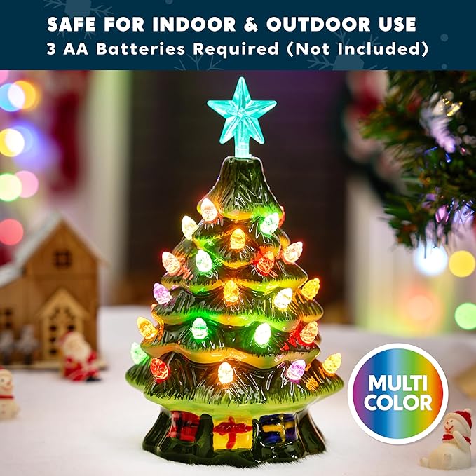 Joiedomi 7" Ceramic Christmas Tree with Gift Box, Mini Prelit Tabletop Christmas Tree with Multicolored Bulbs for Best Desk Decoration