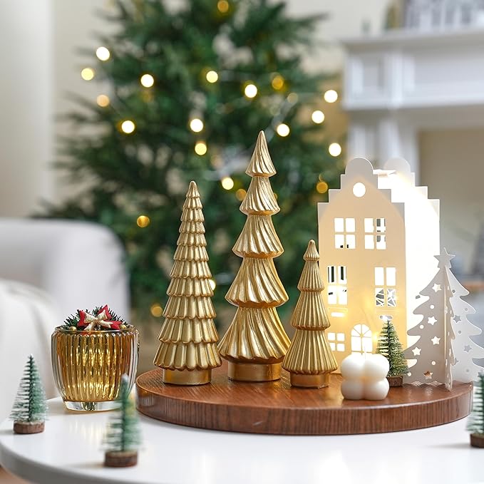 Gold Christmas Trees Small Resin Christmas Tree Figurines, 3Pcs Decorative Tabletop Trees for Xmas Decorations Indoor Mantel Centerpiece