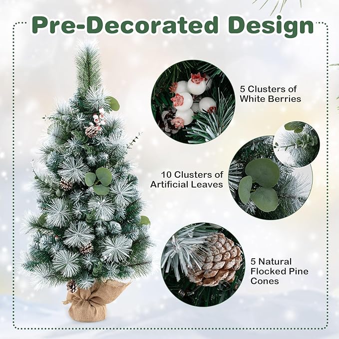 Goplus 3ft Pre-Lit Mini Tabletop Christmas Tree, Artificial Small Battery Operated Xmas Tree with 30 Warm White LED Lights, Timer, 98 Flocked PVC & Pine Needles, for Home Office Decoration