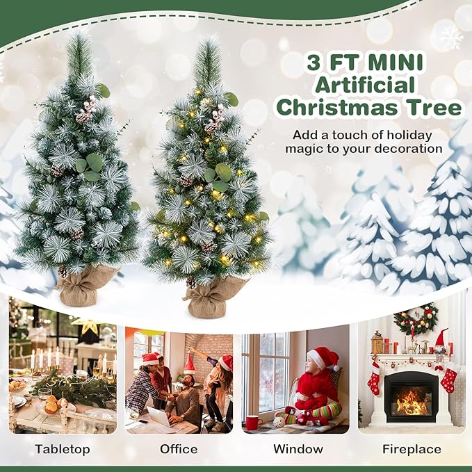 Goplus 3ft Pre-Lit Mini Tabletop Christmas Tree, Artificial Small Battery Operated Xmas Tree with 30 Warm White LED Lights, Timer, 98 Flocked PVC & Pine Needles, for Home Office Decoration