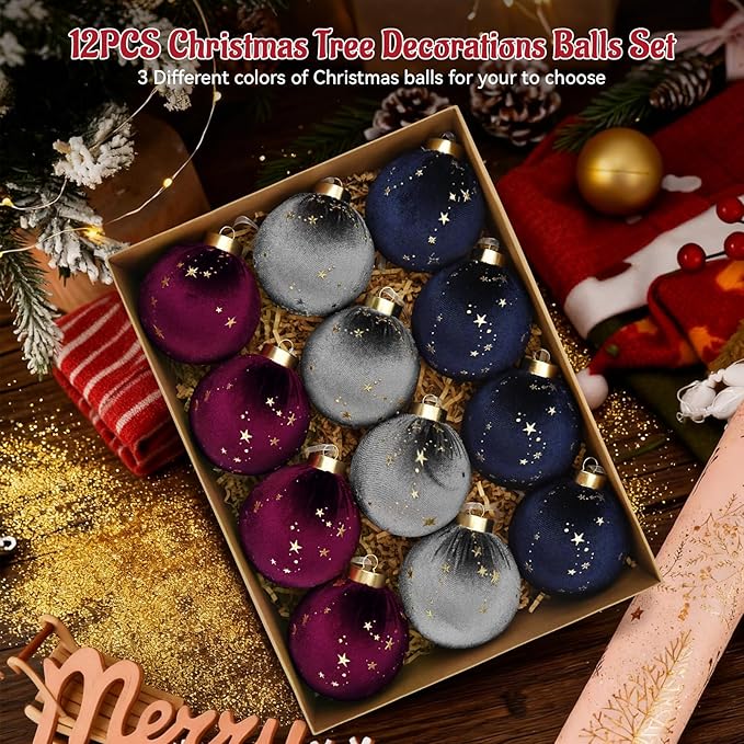 Christmas Tree Ornaments Velvet Balls - 12 Pcs Shatterproof Christmas Tree Hanging Bulbs Decorations Set for Holiday Party Xmas - Multicolor Rouge Blue Grey - 3.15 Inch (80mm)